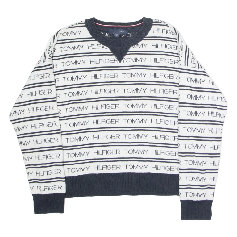 TOMMY HILFIGER Womens Patterned Jumper White Crazy Pattern Crew Neck XS