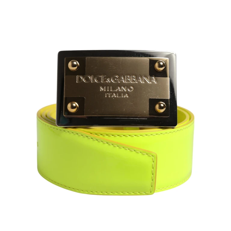 Yellow Green Classic Metal Logo Buckle Belt Calf Leather - Men