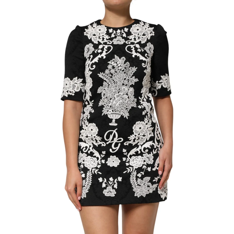 Black Lace Trim Short Sleeves A-Line Dress - Women
