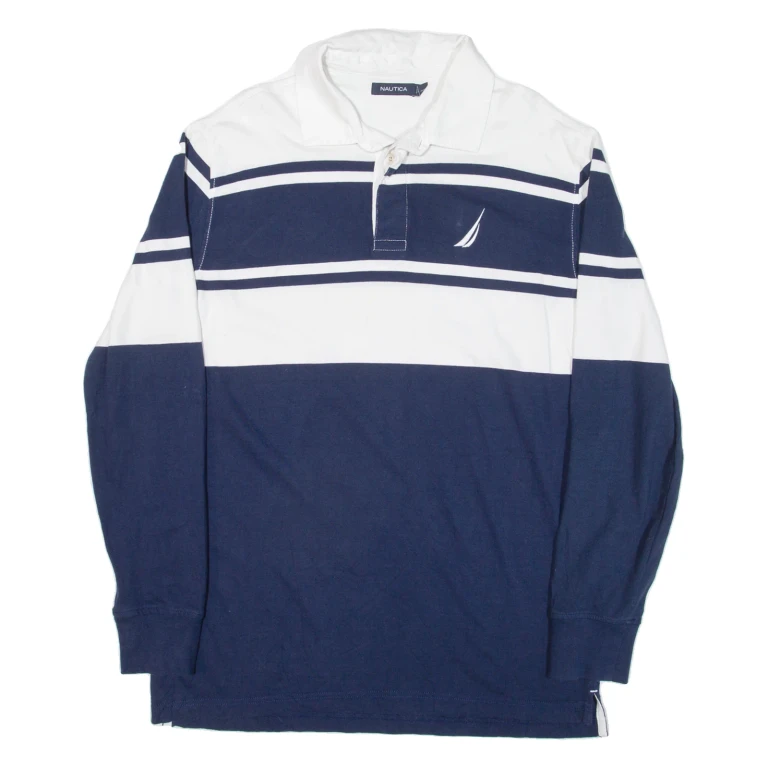 NAUTICA Mens Polo Shirt Blue Striped Long Sleeve L