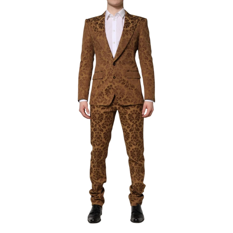 Dolce & Gabbana Brown Floral Jacquard Sicilia 2 Piece Suit Cotton Polyester - Men