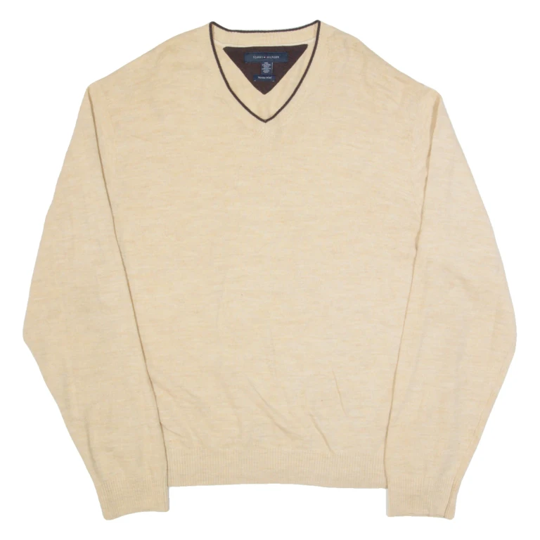 TOMMY HILFIGER Mens Jumper Beige V-Neck Tight Knit Wool 2XL
