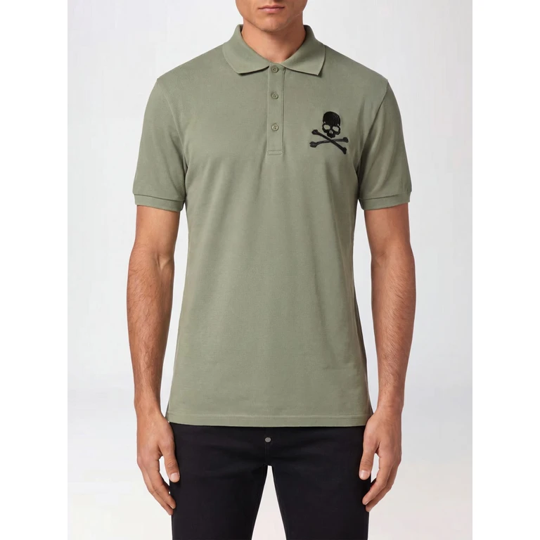 Skull Print Short-Sleeved Cotton Polo Shirt with French Collar (UADCMTK7983PTE003N65)