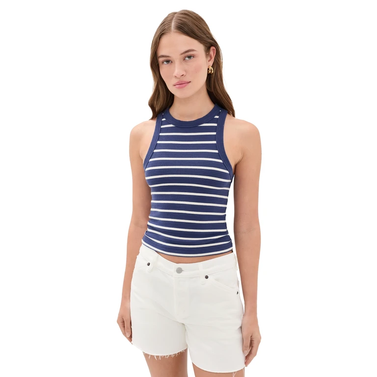 Marine Layer Lexi Rib Sun-In High Neck Crop Tank Cobalt/White Stripe XL