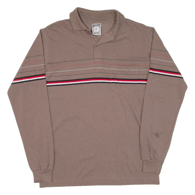 CAMPUS Mens Polo Shirt Brown Striped Long Sleeve M