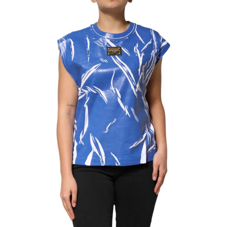 Dolce & Gabbana Blue White Cotton Logo Plaque Women Tank Top And - Women