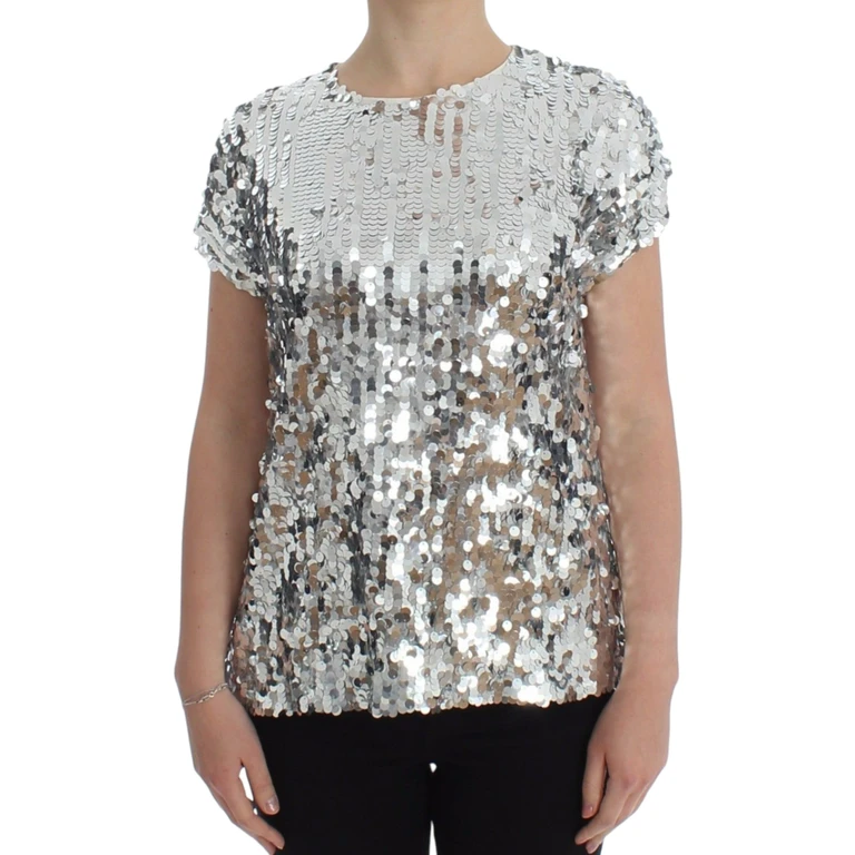 Dolce & Gabbana Silver Sequined Crewneck Blouse T-Shirt Top Polyester - Women