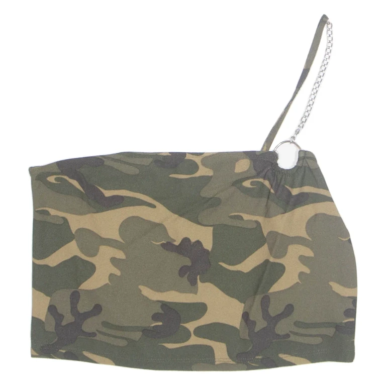 JENNYFER Womens Cropped Top Green Button Neck One Shoulder Camouflage M