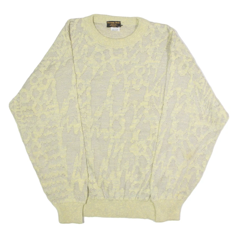 PERRONE MODA Mens Patterned Jumper Yellow Crazy Pattern Crew Neck 90s M