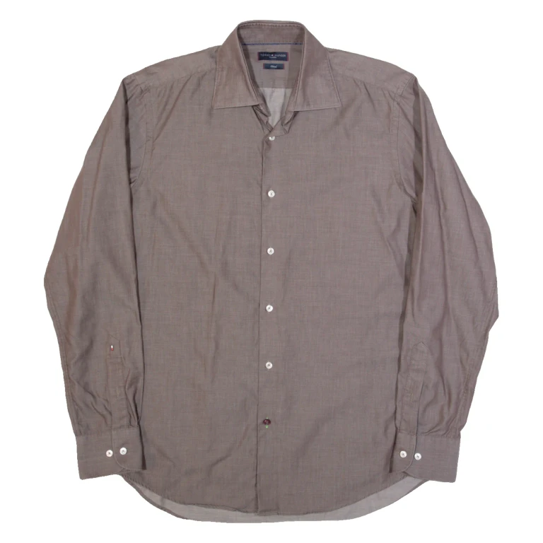 TOMMY HILFIGER Fitted Mens Plain Shirt Brown Long Sleeve L