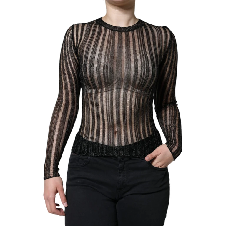 Black Stripe See Through Long Sleeves Top Viscose Polyester Film Fiber - Women