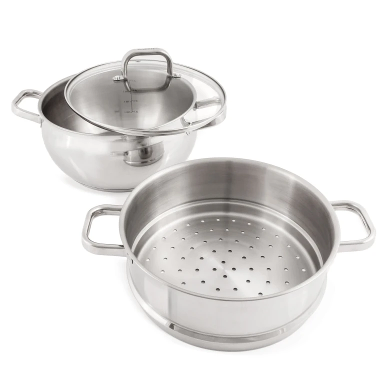 Belly Shape 3pc 18/10 Stainless Steel Steamer Set with Glass Lid