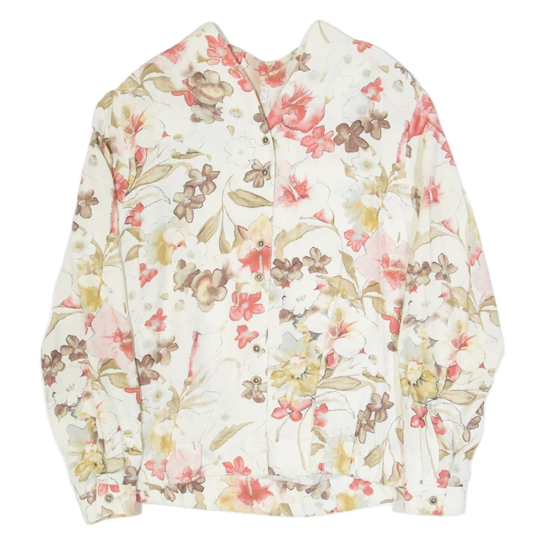 Womens Printed Blouse Cream V-Neck Long Sleeve 90s Floral UK 12