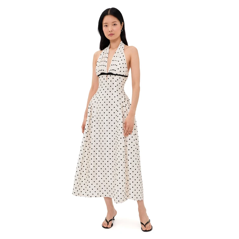 endless rose Halter Neck Polka-Dot Maxi Dress Off White XS