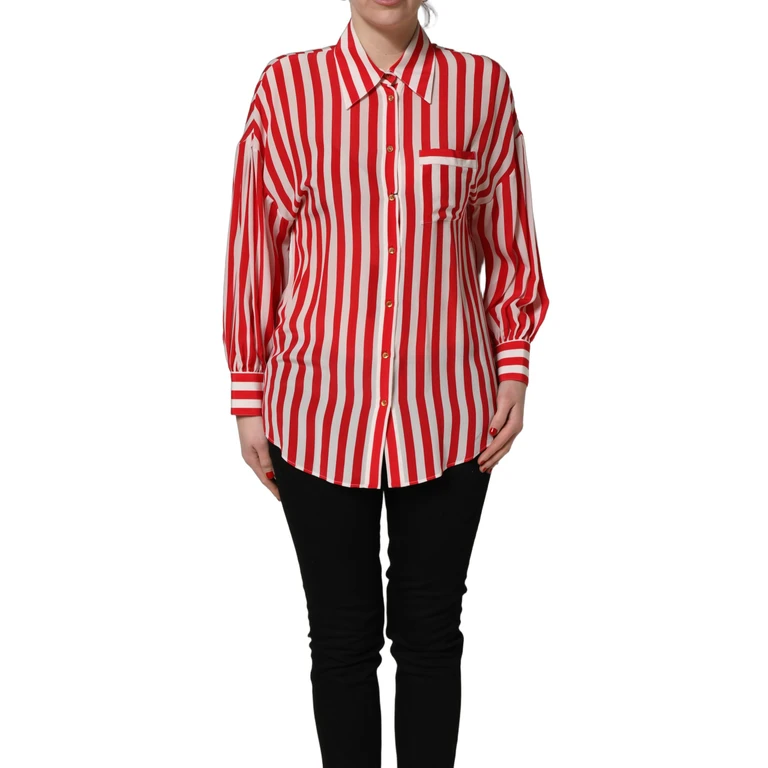 Dolce & Gabbana Red White Striped Long Sleeve Silk Blouse Top And - Women