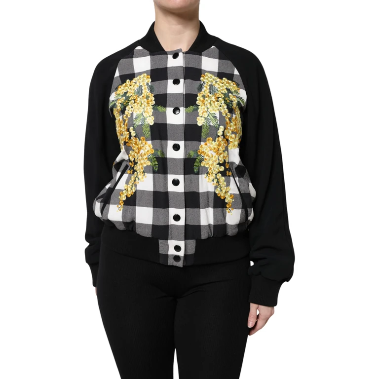 Black White Check Floral Button Down Jacket And Clothing - Women