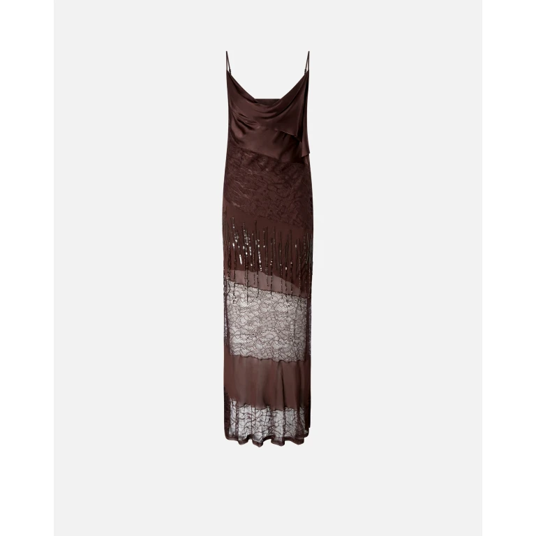 Pinko - Robe lingerie en satin et dentelle avec franges à strass - 40
