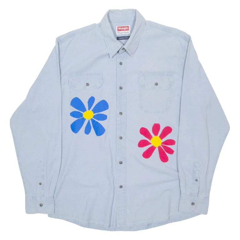 WRANGLER Mens Denim Shirt Blue Floral Long Sleeve L