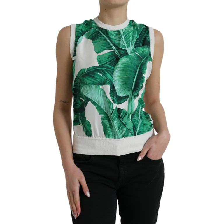 Dolce & Gabbana White Banana Leaf Print Crew Neck Tank Top Silk - Women