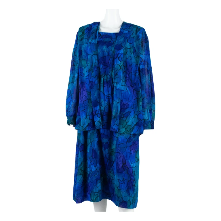 Womens Pencil Dress Blue 90s Crazy Pattern Long Sleeve Midi M