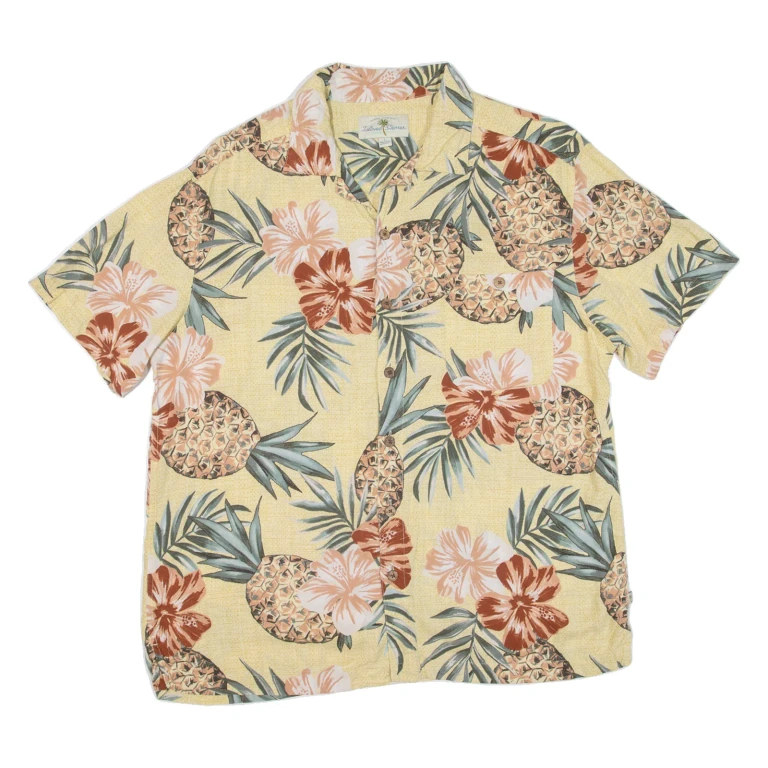 ISLAND SHORES Mens Hawaiian Shirt Yellow Floral L