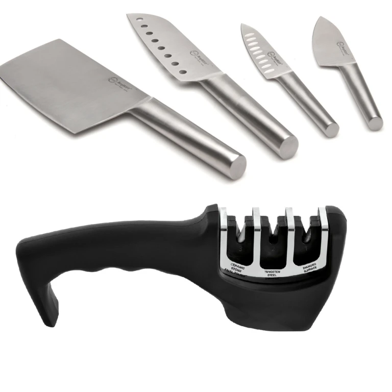 Straight 5Pc Stainless Steel Specialty Knife Set with 3-Slot Sharpener
