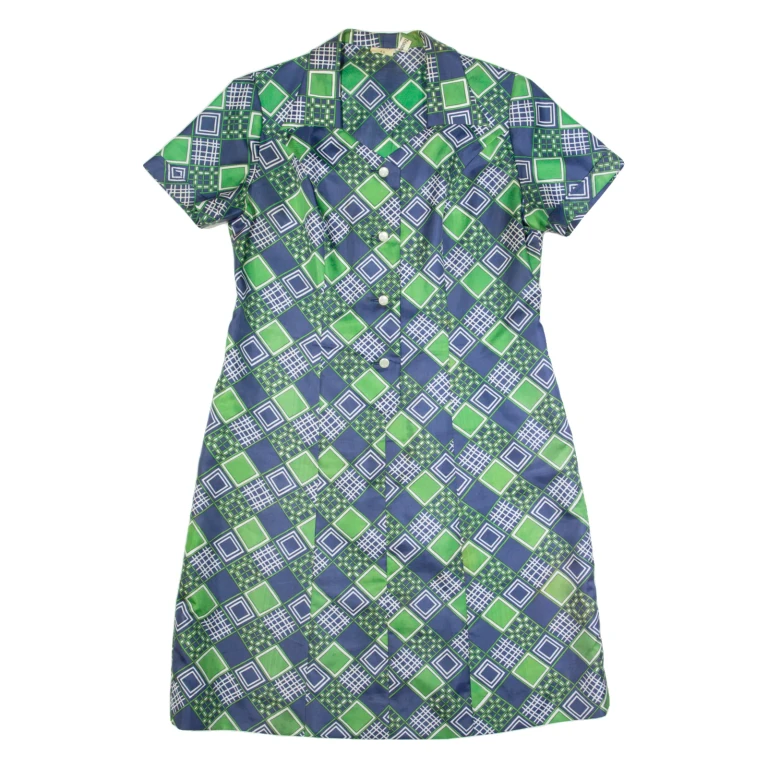 Womens Day Dress Blue 90s Geometric Short Sleeve Midi L