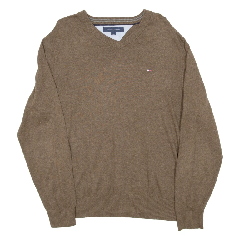 TOMMY HILFIGER Mens Jumper Brown V-Neck Tight Knit L