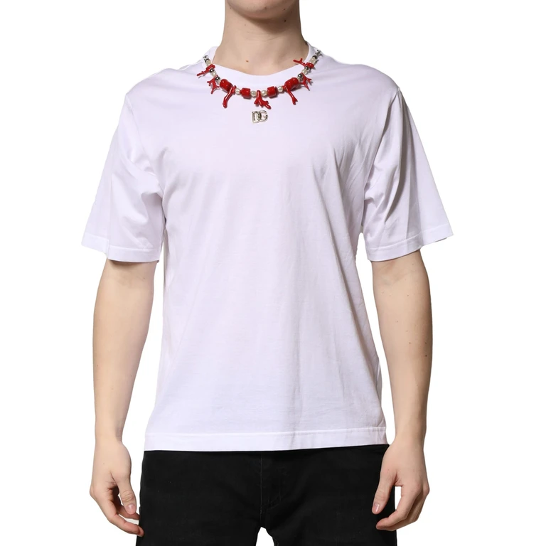 Dolce & Gabbana White Embellished Cotton Crew Neck T-Shirt - Men