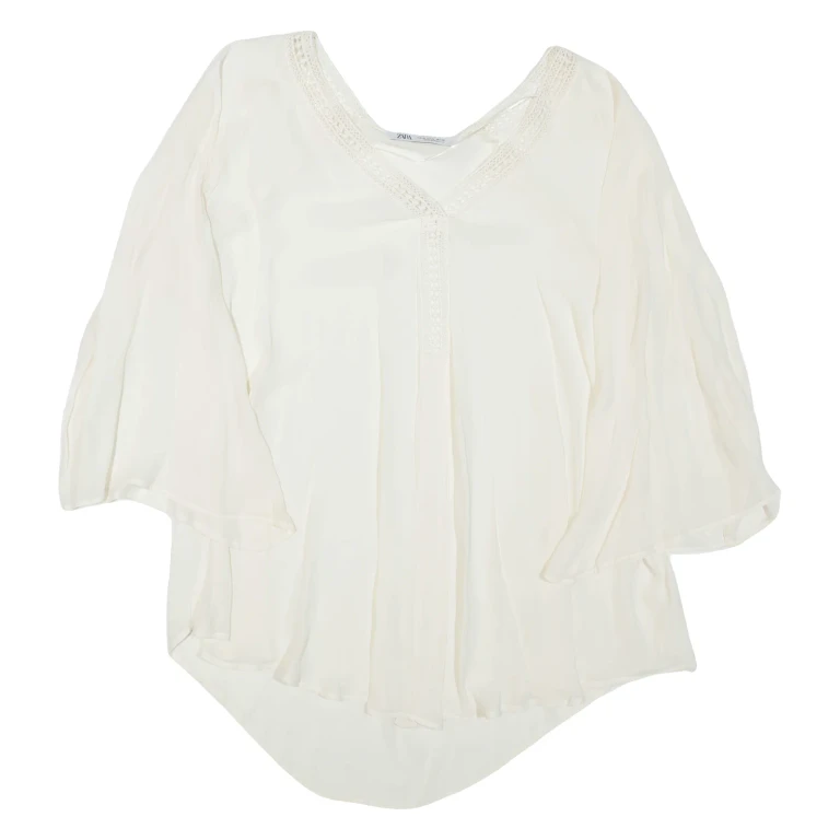 ZARA Sheer Womens Blouse Beige V-Neck 3/4 Sleeve M