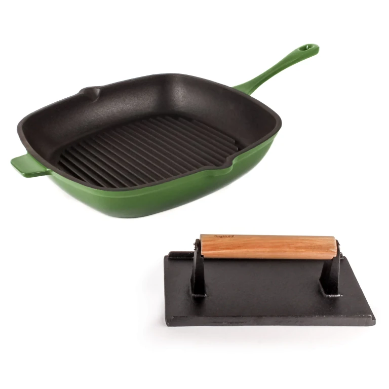Neo 2pc Cast Iron 11" Grill Pan with Steak Press, Green