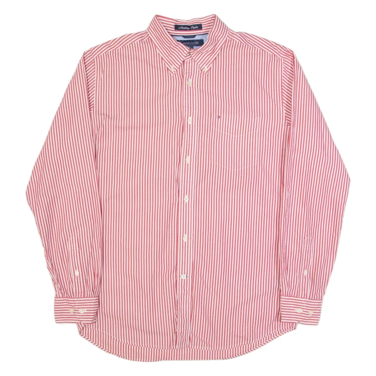TOMMY HILFIGER Academy Poplin Mens Shirt Red Striped Long Sleeve M