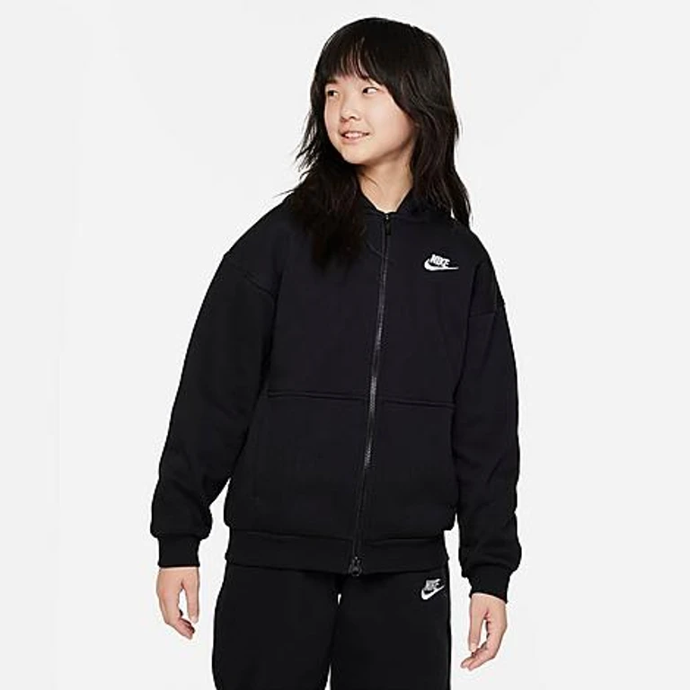 Nike Big Kids Sportswear Club Fleece Oversized Full-Zip Hoodie in Black/White Size: XS