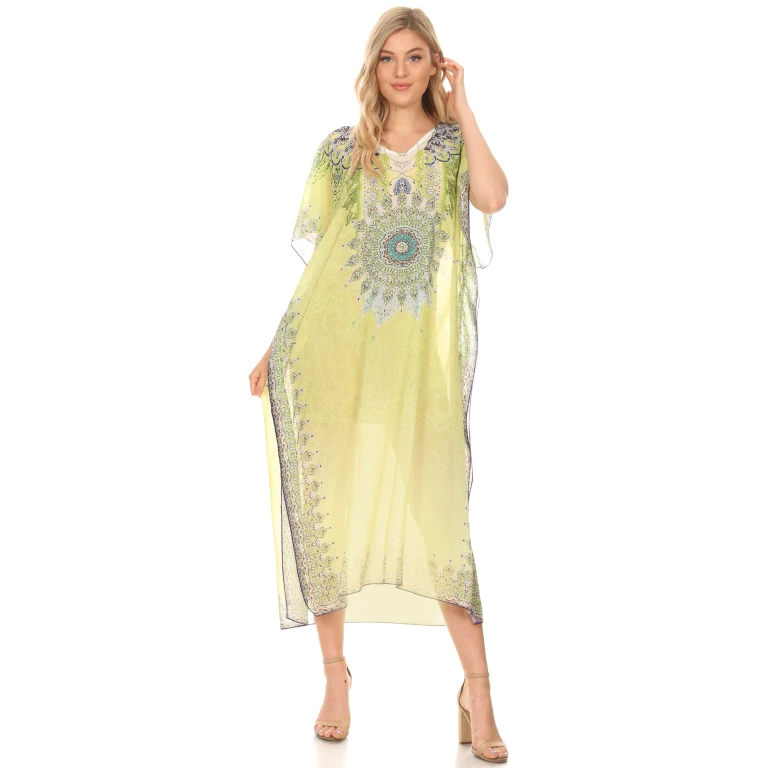 MKY Astryd Women's Flowy Maxi Long Caftan Dress Cover Up with Rhinestone