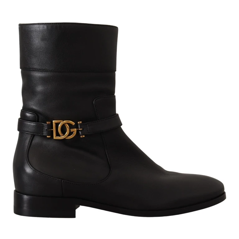 Dolce & Gabbana Black Leather Flats Logo Short Boots Shoes - Women