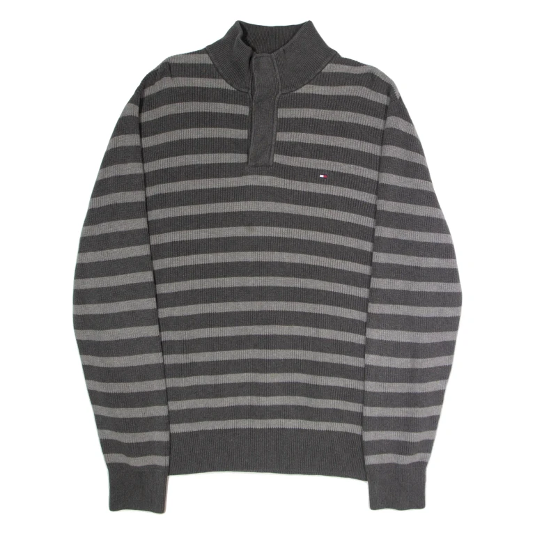 TOMMY HILFIGER Mens Jumper Grey Striped Button Neck Tight Knit XL
