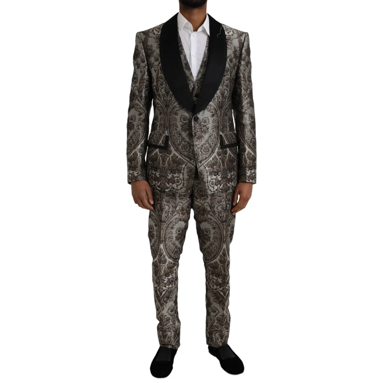 Brown Floral Jacquard Formal 3 Piece Suit Polyester Silk - Men