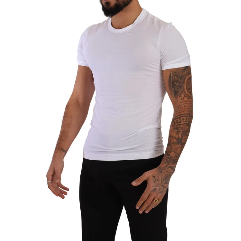 White Round Neck Cotton Stretch T-Shirt Underwear Elastane - Men