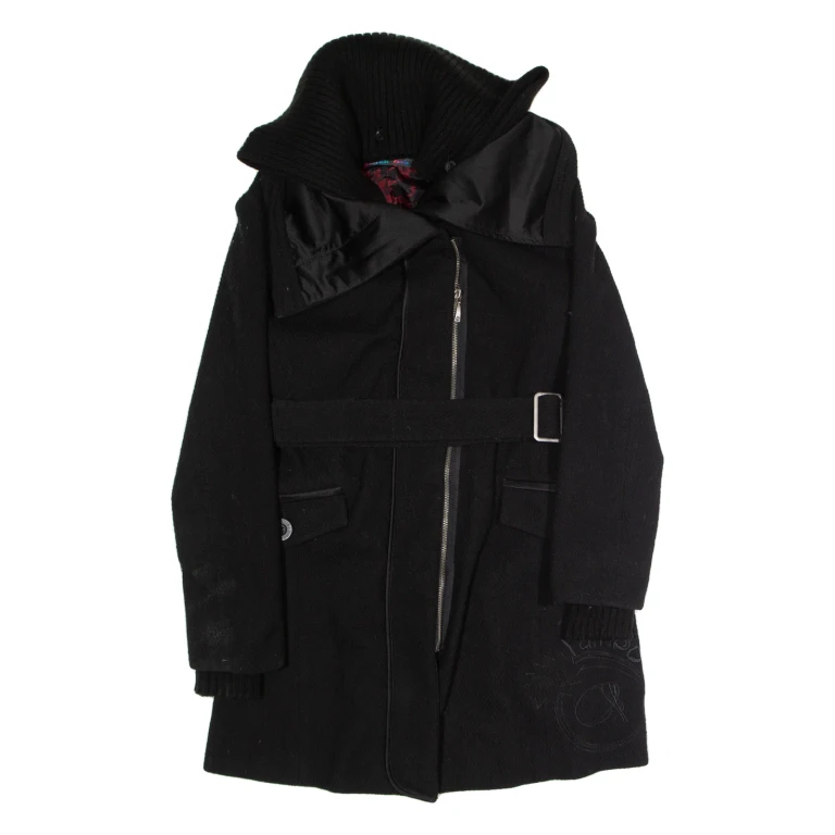 DESIGUAL Rainbow Womens Overcoat Coat Black Knit Wool UK 10