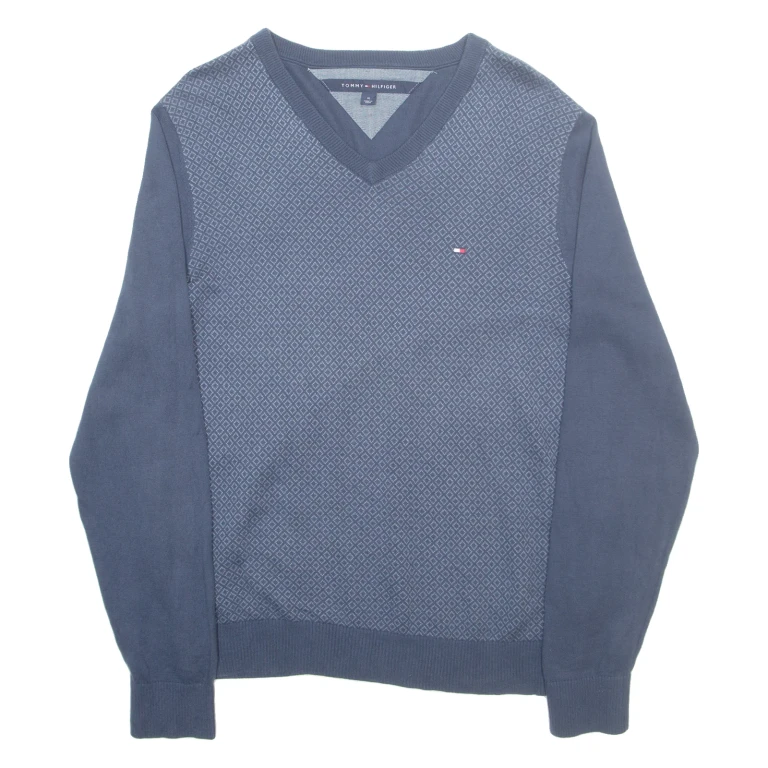 TOMMY HILFIGER Mens Patterned Jumper Blue Diamond V-Neck Tight Knit M