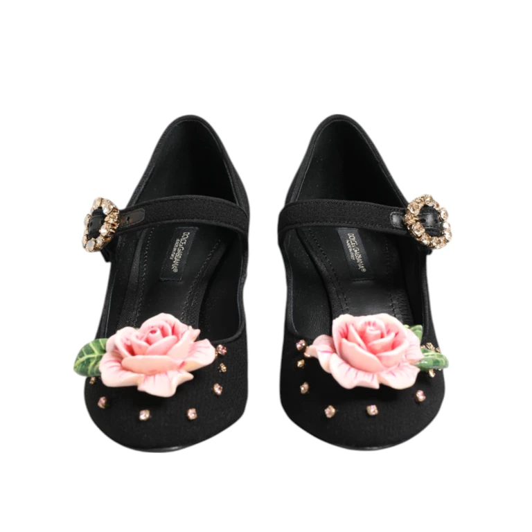 Dolce & Gabbana Black Flower Crystal Embellished Mary Jane Shoes Wool Rayon Goat Skin - Women
