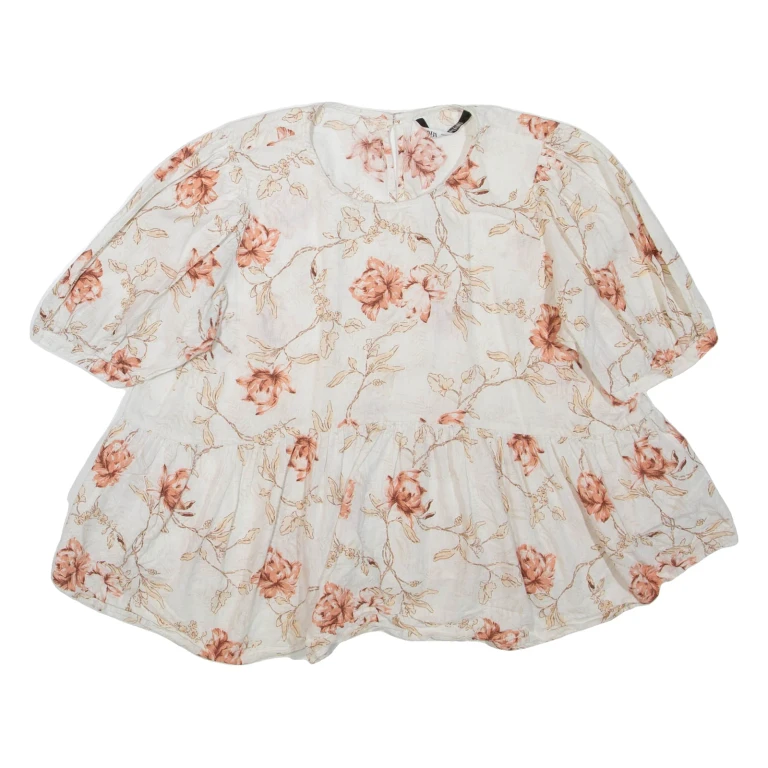ZARA Womens Smock Blouse White 3/4 Sleeve Floral 2XL