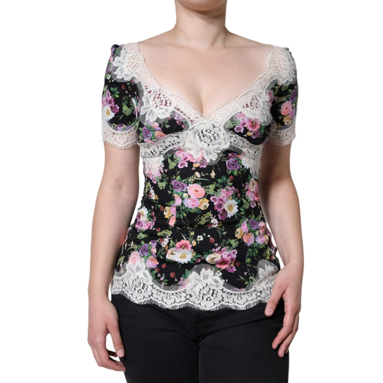 Dolce & Gabbana Black Floral Lace Short Sleeves Blouse Top Silk Cotton Nylon Elastane - Women