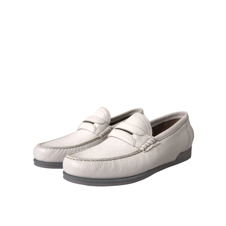 Dolce & Gabbana White Gray Leather Slip Mocassin Shoes Loafer - Men