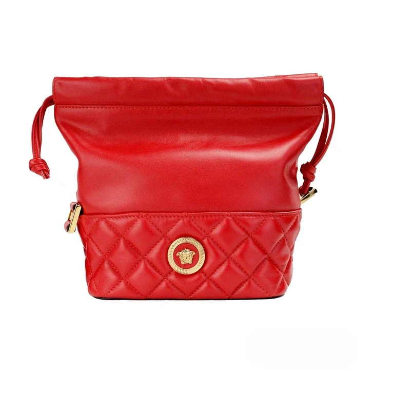 Versace Red Quilted Leather Drawstring Shoulder Bag Bucket Crossbody Handbag Gold Smooth - Women
