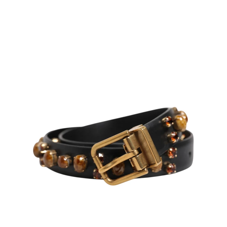 Black Leather Studded Gold Tone Buckle Belt - Men