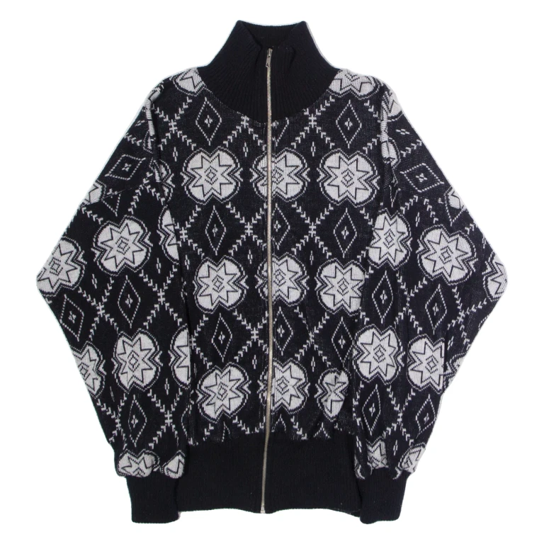 PRO FEEL Mens Patterned Cardigan Black High Neck 80s Tight Knit XL