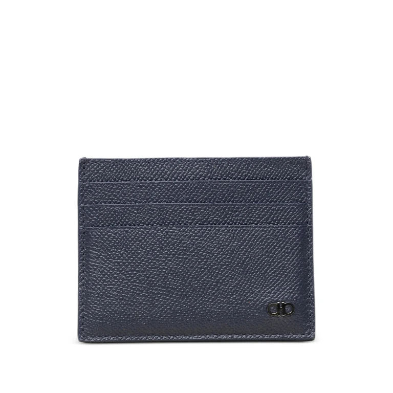 Ferragamo Black Card Holder With Micro Gancini On The Front And Logo Lettering On The Rear In Grained Leather Man