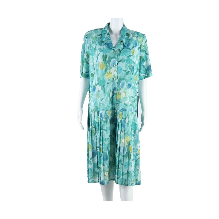 Pleated Lined Womens Shift Dress Green Floral Short Sleeve Long XL