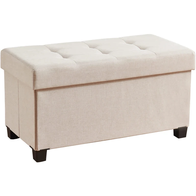 Foldable Tufted Linen Bench Storage Ottoman with Legs for Bedroom, Entryway and Living Room